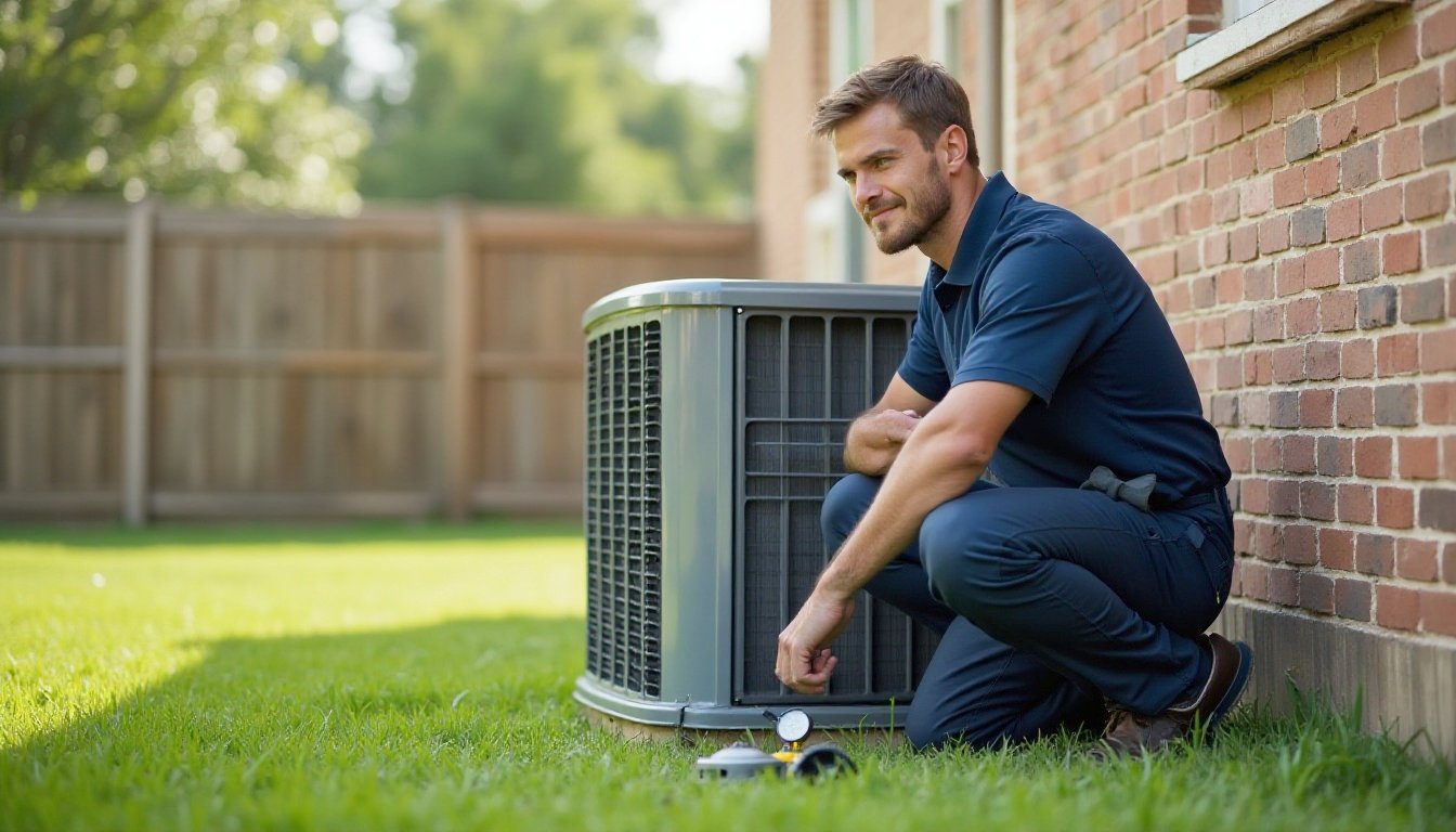 Technician opening an outdoor air conditioner beside a brick home