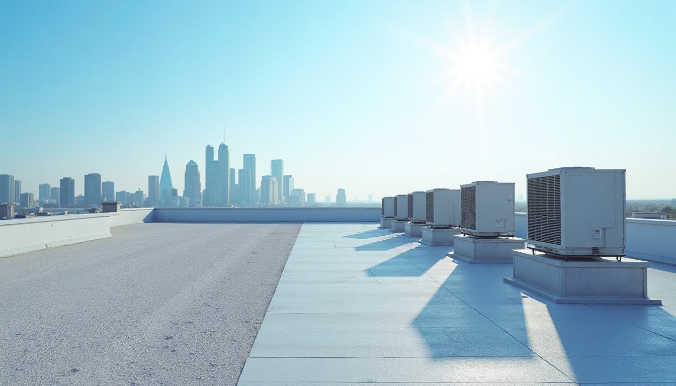 Row of rooftop HVAC units on a commercial building