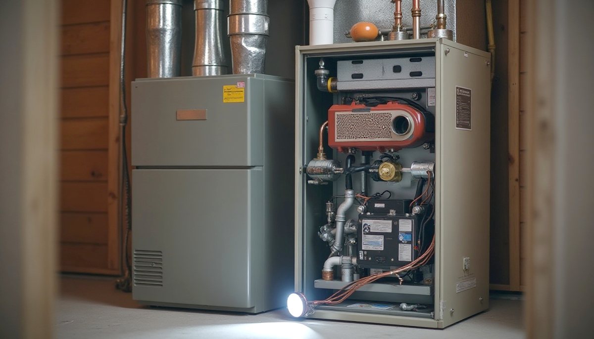 Gas furnace with the service panel open