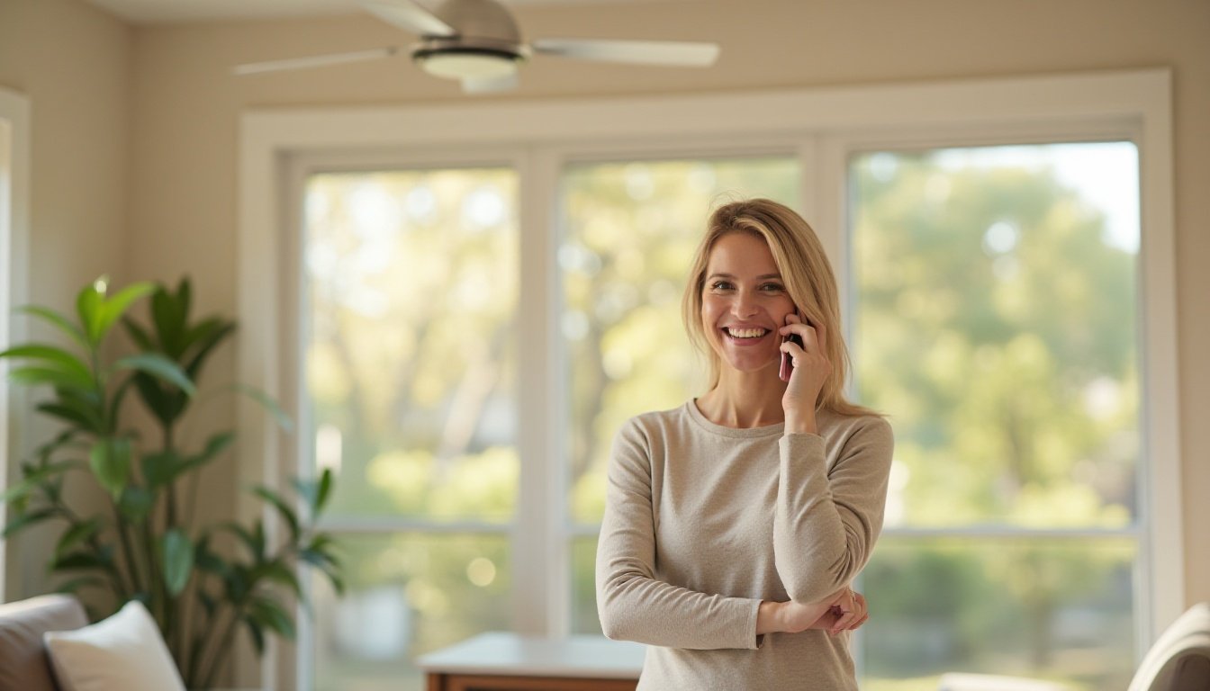 Homeowner on the phone in a bright living room