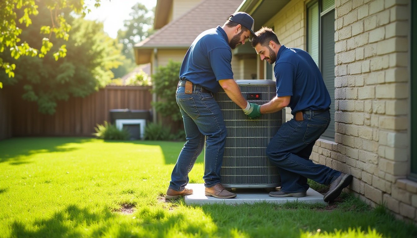 Two installers setting a new outdoor condenser on a pad