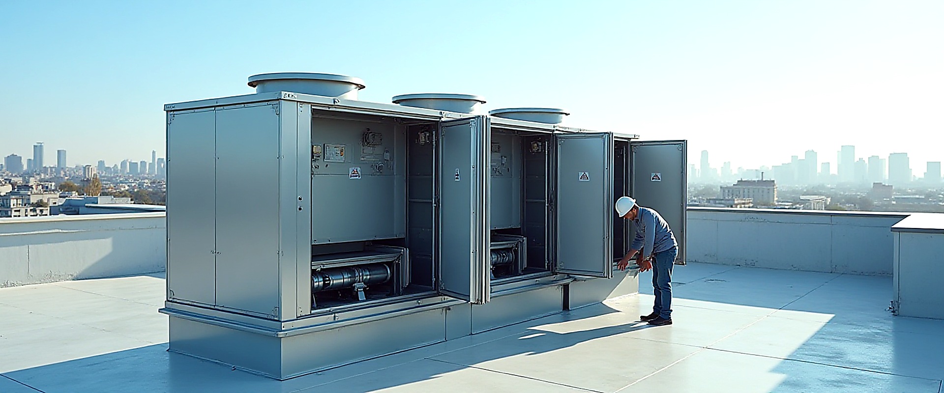 Commercial rooftop HVAC units on a flat roof