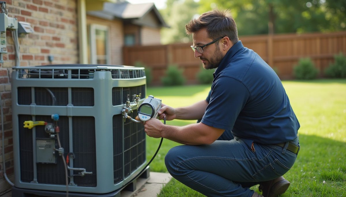 Technician checking an outdoor AC unit
