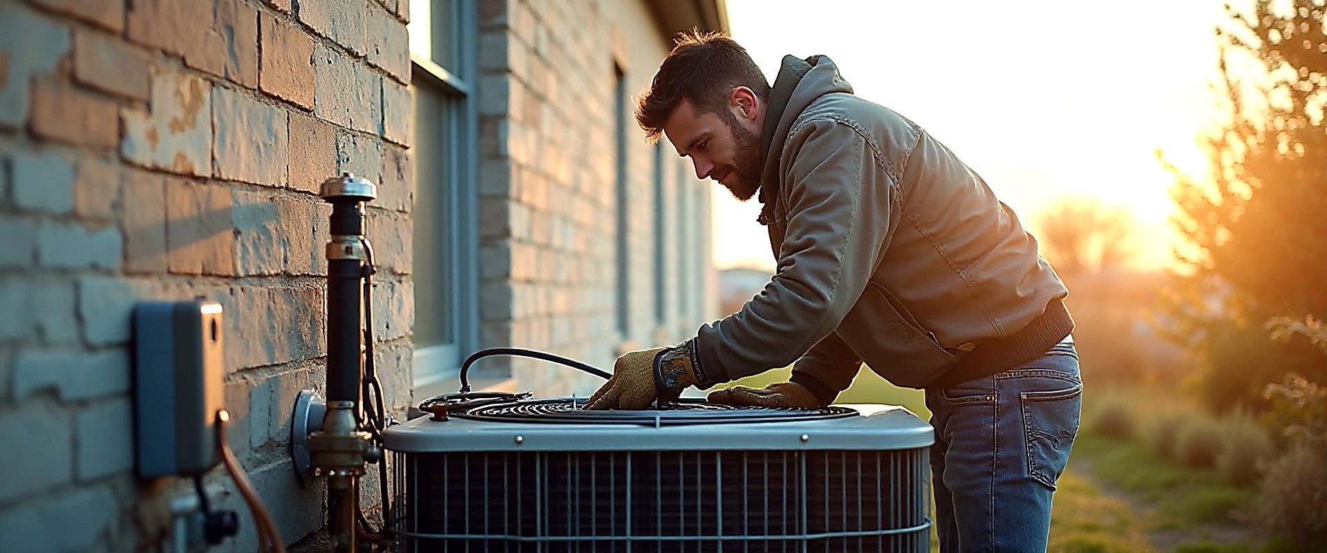 Technician working on an outdoor condenser at dusk