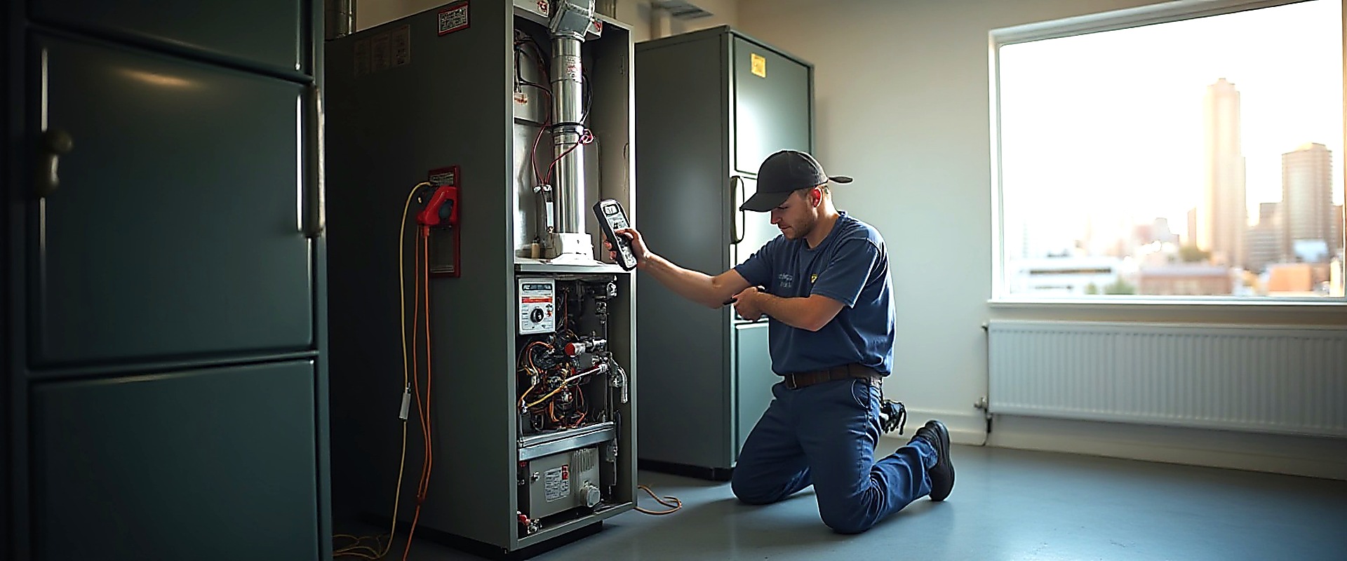 Technician inspecting a furnace in a utility closet
