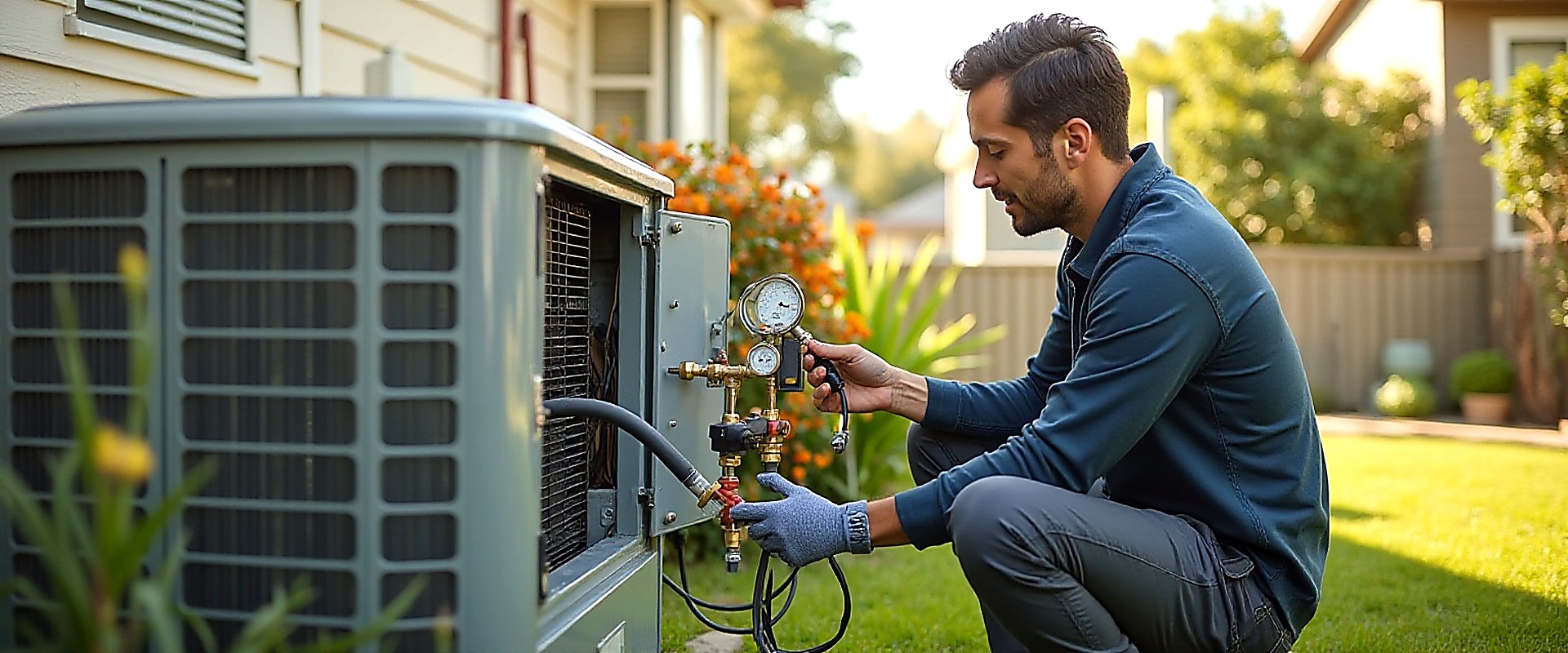 HVAC technician checking refrigerant pressures at an outdoor condenser