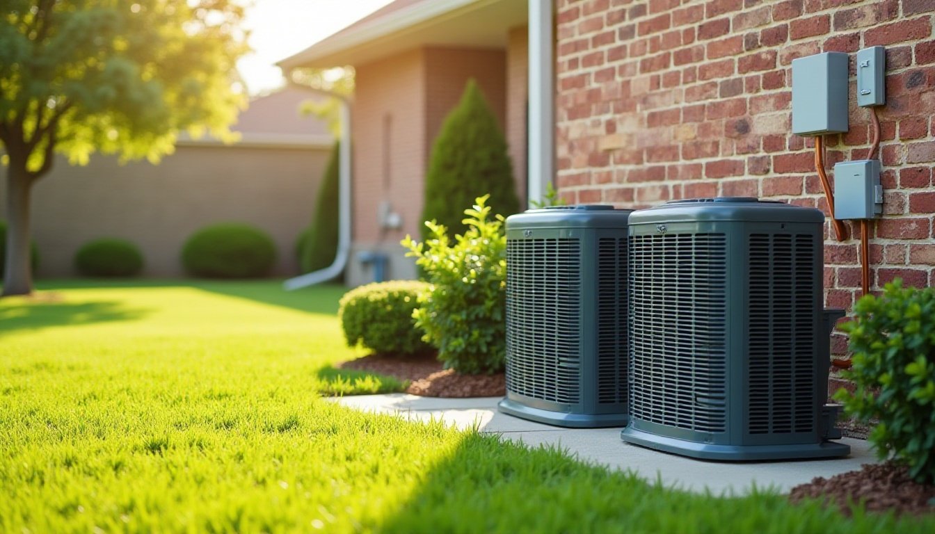 Outdoor AC units beside a brick home