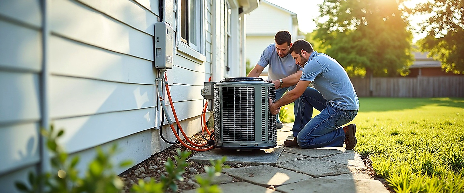 Two HVAC technicians working on a condensing unit